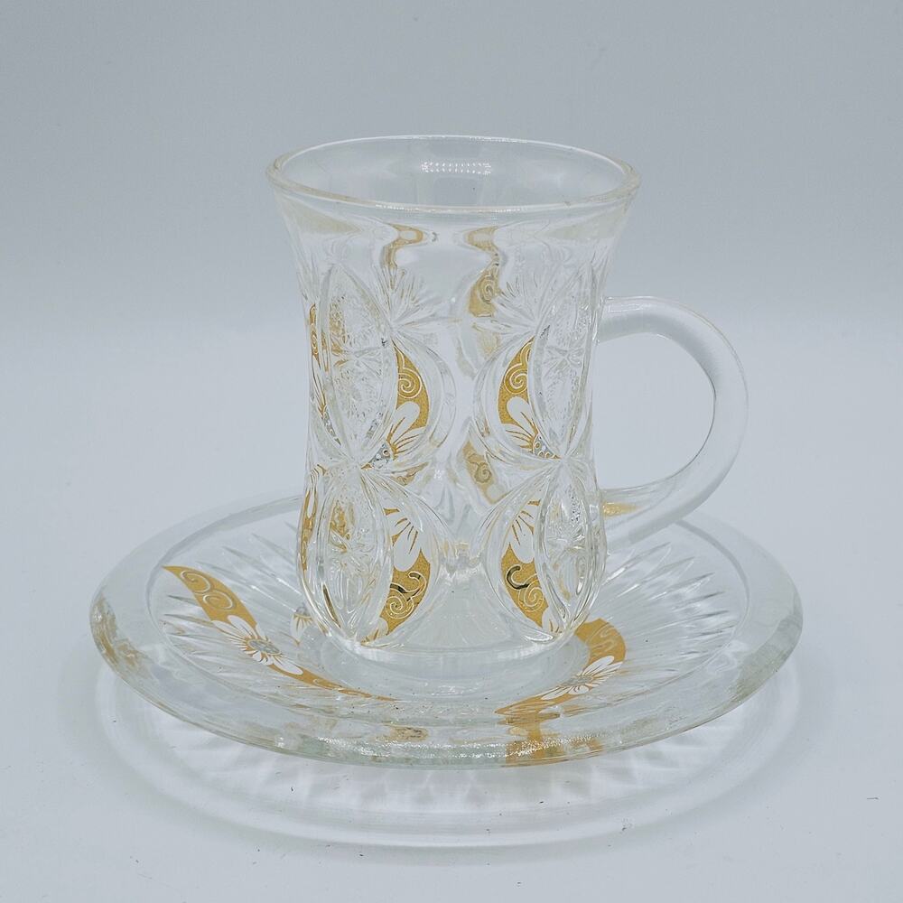 Alpine Cuisine Crystal Glass Turkish Coffee Cup & Saucer Gold Zafer